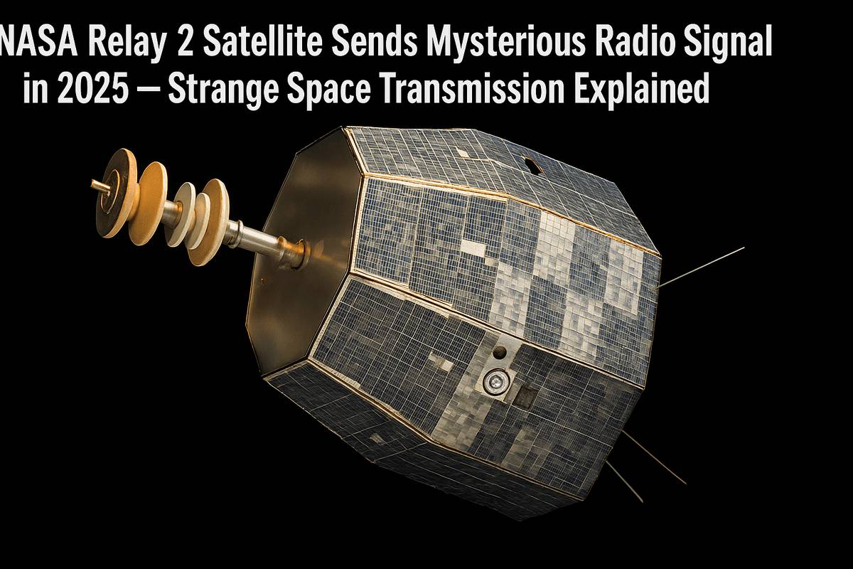 NASA Relay 2 satellite floating in space, transmitting a mysterious radio signal in 2025