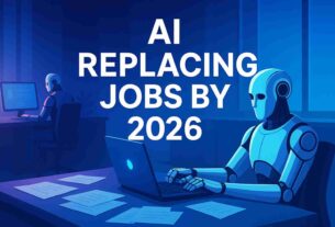 AI replacing jobs by 2026 with humanoid robots working in a digital office