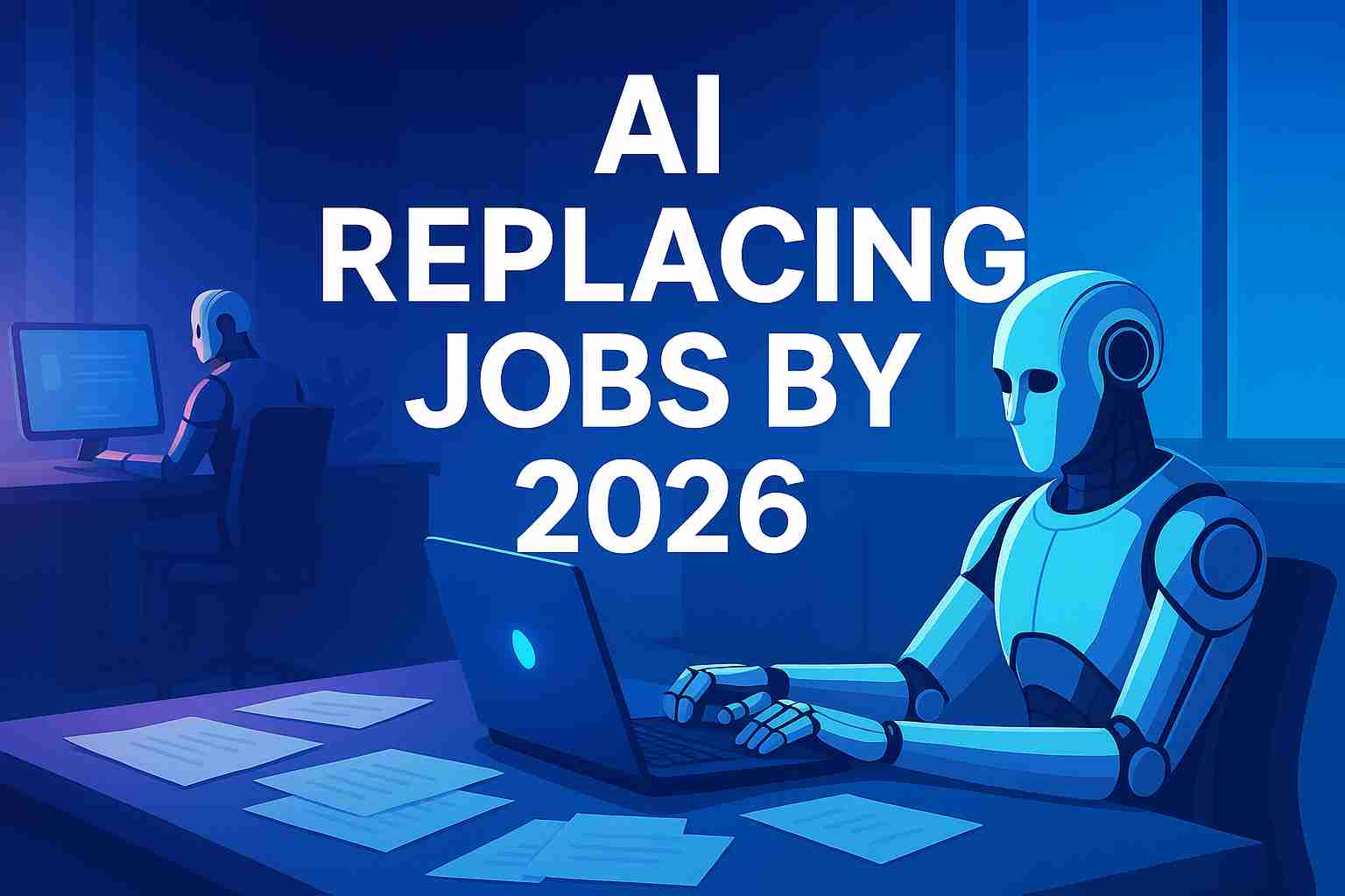 AI replacing jobs by 2026 with humanoid robots working in a digital office