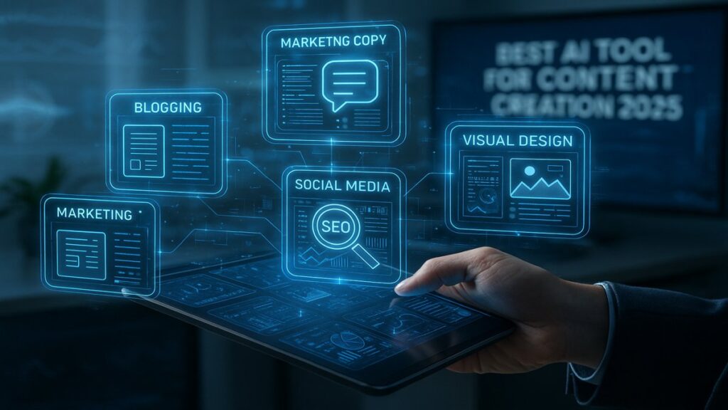 best AI tool for content creation in 2025 with futuristic holographic interface for blogging, SEO, visual design, and marketing