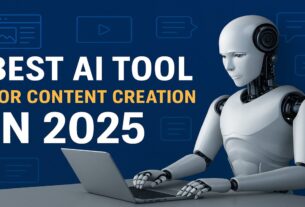 best AI tool for content creation in 2025 showing AI assistant working on laptop with content icons around