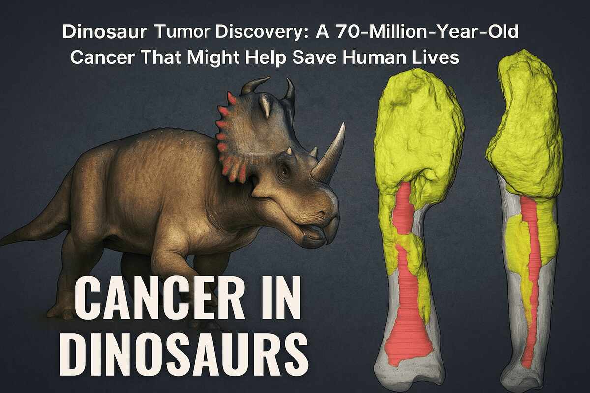 Composite image of dinosaur and CT scan of fossilized bone with cancer