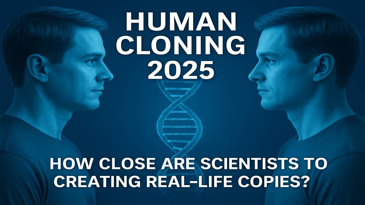 Human Cloning 2025 Featured Image – DNA Helix and Identical Faces