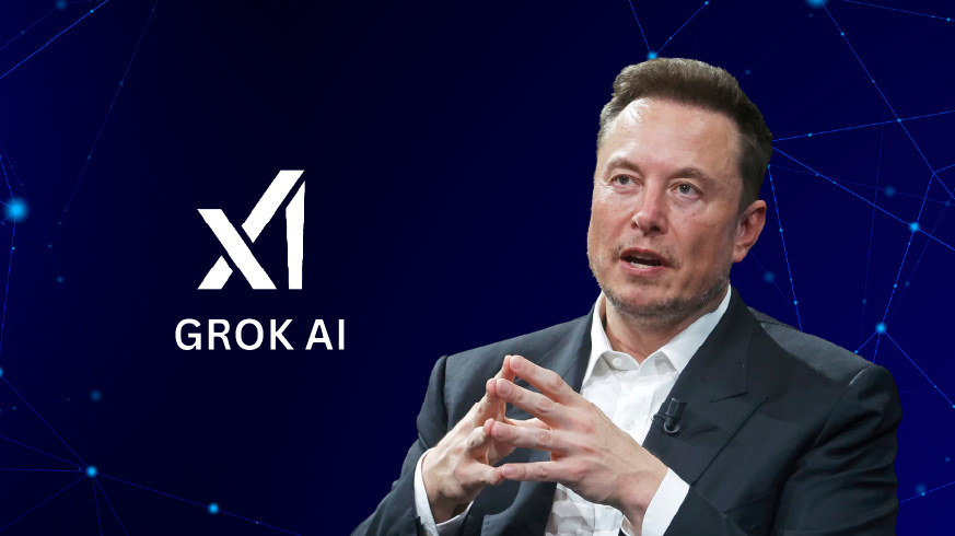 Elon Musk with Grok AI branding — futuristic chatbot concept from xAI