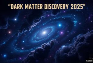 Spiral galaxy in deep space with dark clouds and caption 'Dark Matter Discovery 2025' – Science Pulses