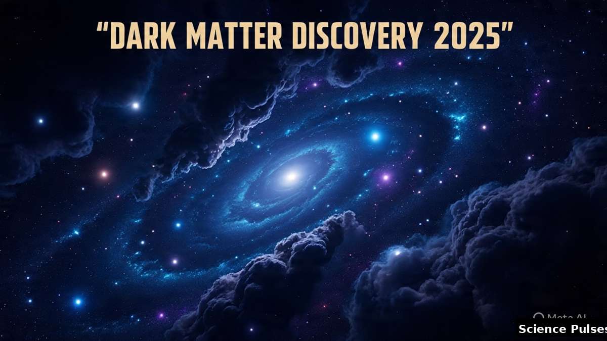 Spiral galaxy in deep space with dark clouds and caption 'Dark Matter Discovery 2025' – Science Pulses