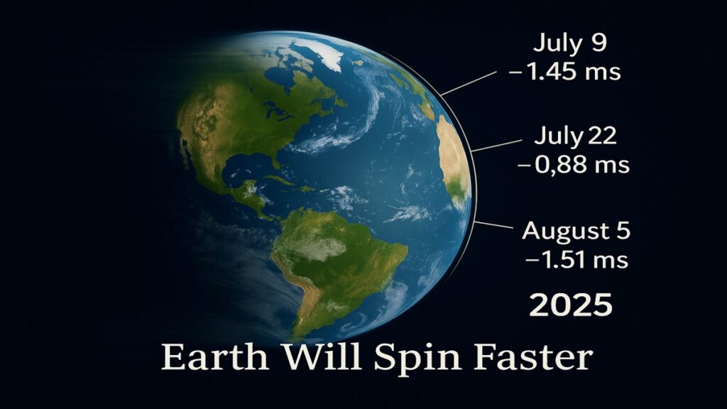 Infographic showing Earth spinning faster on July 9, July 22, and August 5, 2025, with time loss data in milliseconds