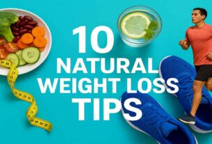 health tips for weight loss Colorful layout of whole foods, lemon water, and jogging to promote natural weight loss