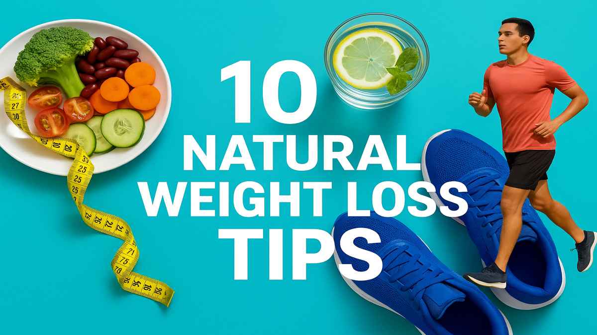 health tips for weight loss Colorful layout of whole foods, lemon water, and jogging to promote natural weight loss