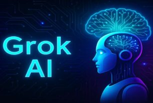 Grok AI futuristic chatbot with digital brain and circuits