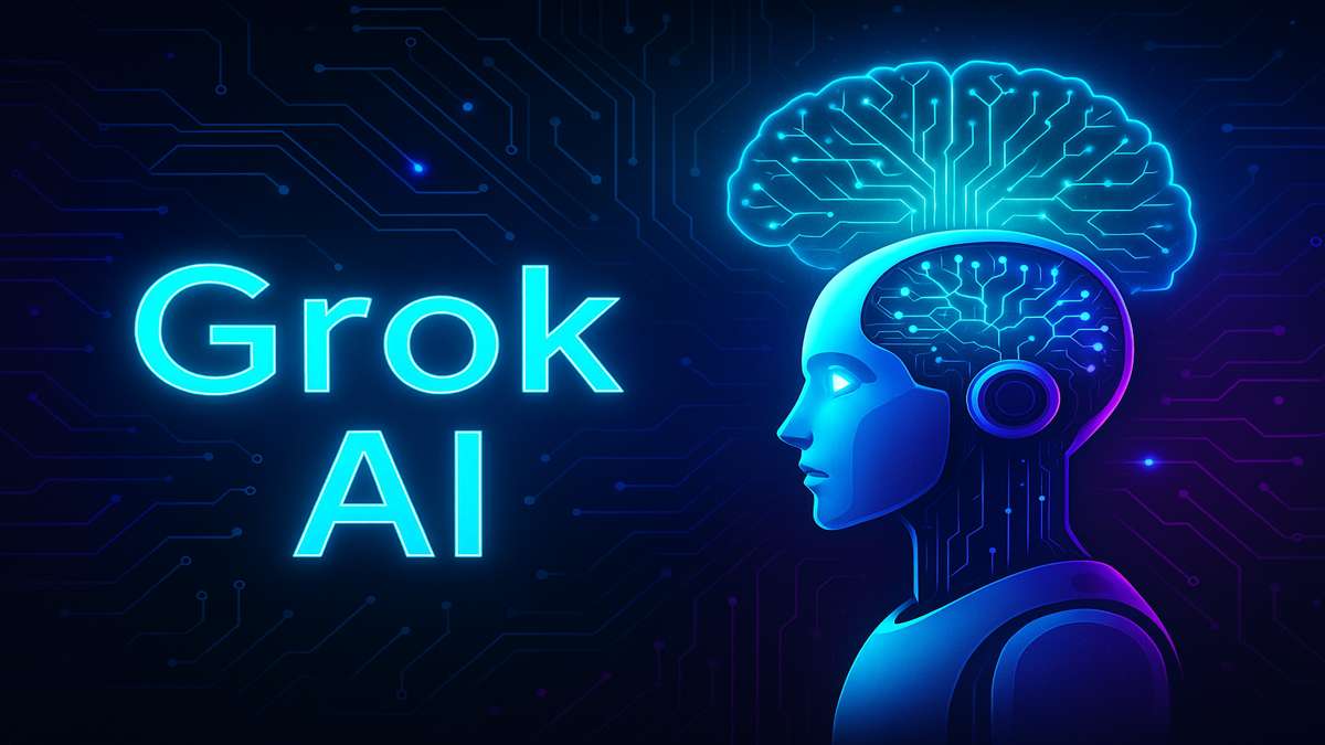 Grok AI futuristic chatbot with digital brain and circuits