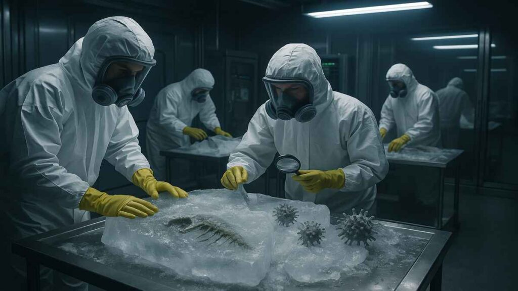 Scientists in hazmat suits analyzing ancient frozen samples in a high-security Arctic laboratory, surrounded by ice blocks and virus-like structures under cold lab lighting.