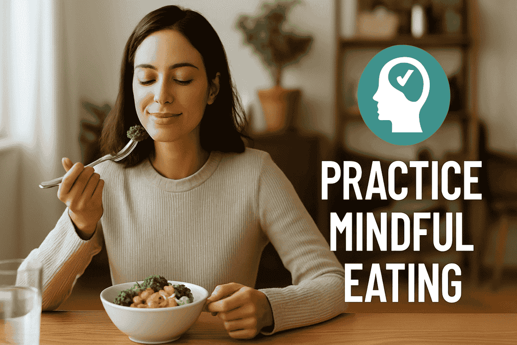 Woman eating slowly and mindfully to support weight loss