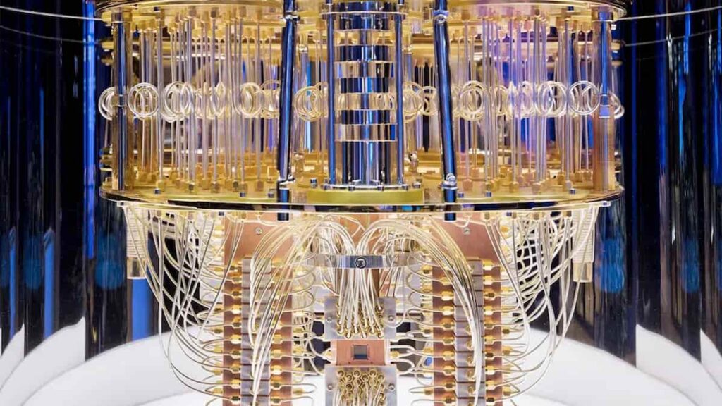 IBM quantum computing chip with glowing circuits, showcasing futuristic quantum technology.