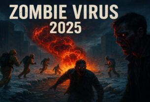 Cinematic illustration of the zombie virus outbreak spreading through melting Siberian ice in 2025