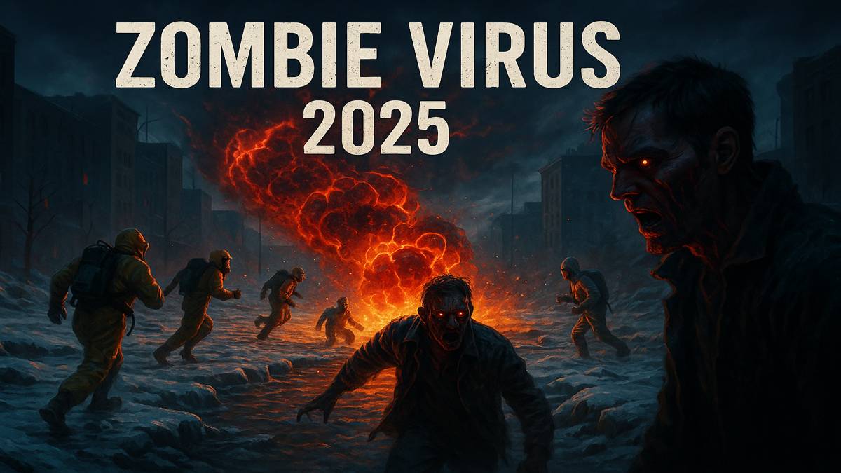 Cinematic illustration of the zombie virus outbreak spreading through melting Siberian ice in 2025