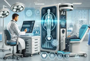 AI in Healthcare 2025 – Doctors using futuristic AI medical technology in a smart hospital environment