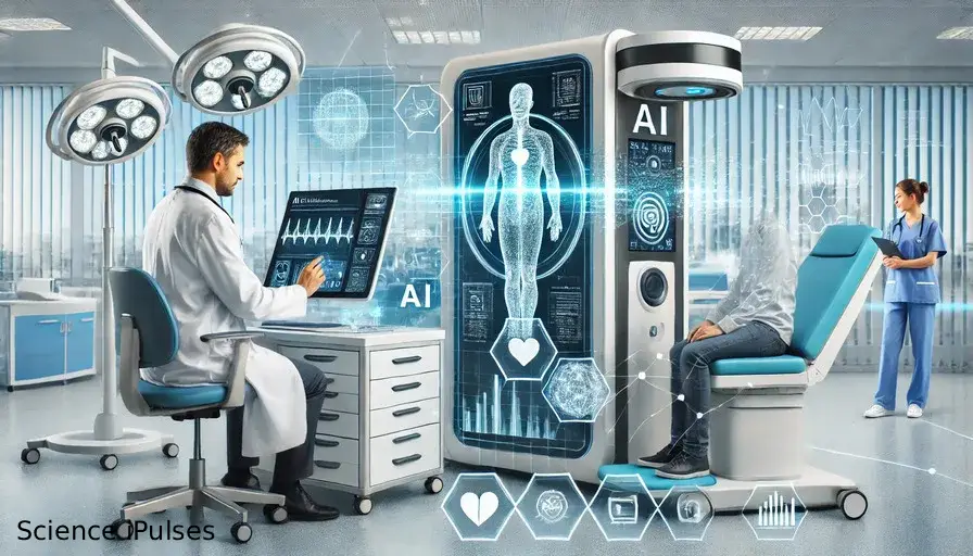 AI in Healthcare 2025 – Doctors using futuristic AI medical technology in a smart hospital environment