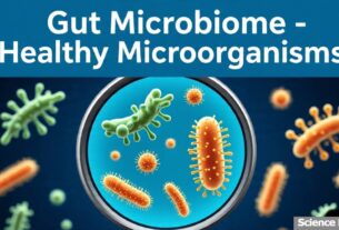Illustration showing how to improve gut microbiome naturally with healthy microorganisms magnified in a circular zoom lens – Gut Microbiome – Healthy Microorganisms