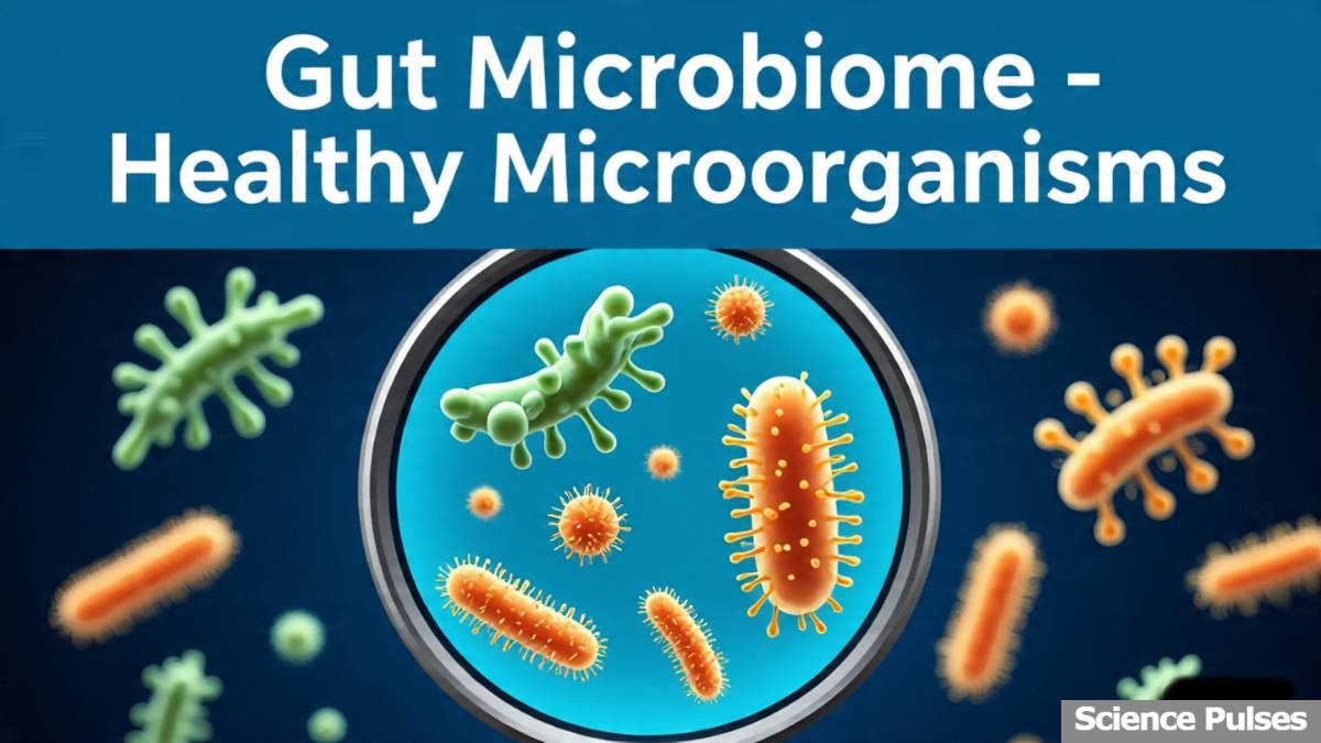 Illustration showing how to improve gut microbiome naturally with healthy microorganisms magnified in a circular zoom lens – Gut Microbiome – Healthy Microorganisms