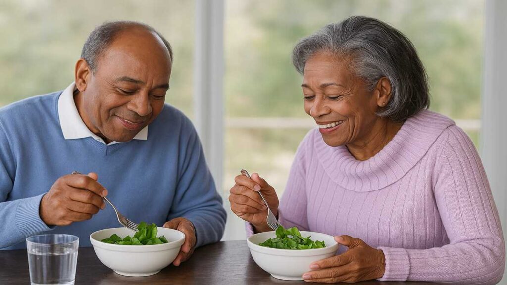 Older couple eating salad as part of a healthy lifestyle, showing how to improve gut microbiome naturally.