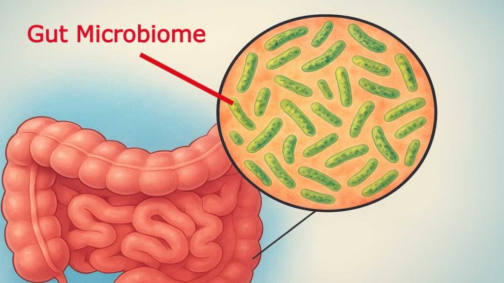 Healthy gut microbiome illustration showing beneficial bacteria