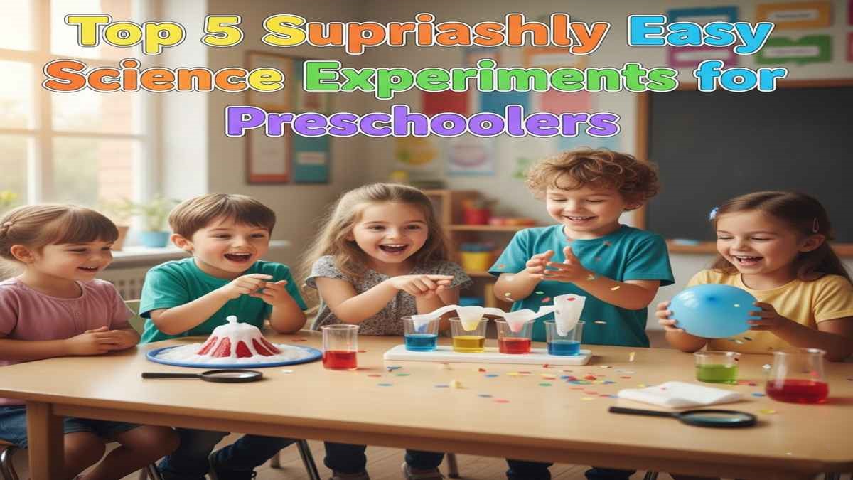 Preschool kids enjoying colorful Easy Science Experiments for Preschool with water, balloons, and volcano models in a fun classroom