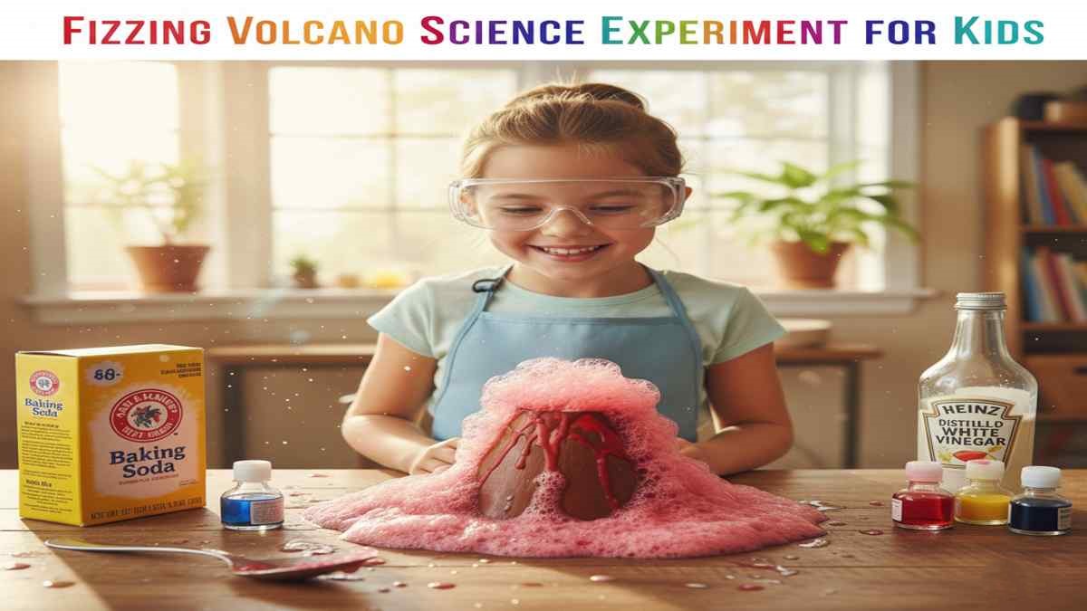 Kids performing a fizzing volcano experiment with colorful baking soda and vinegar eruption