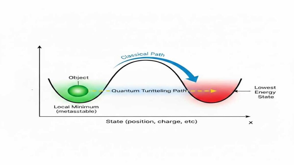Macroscopic quantum tunnelling diagram showing classical path and quantum tunnelling path between potential energy states.