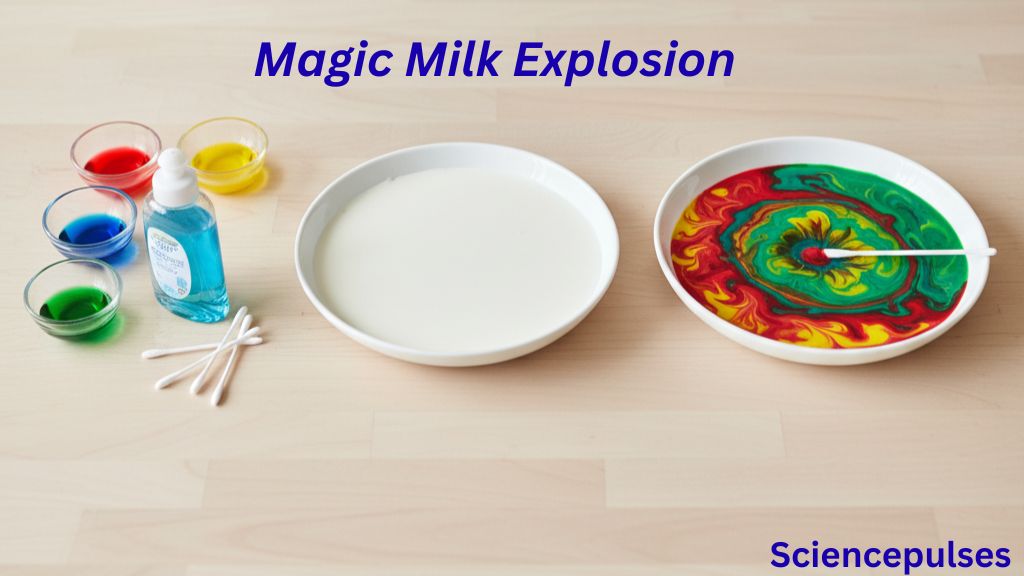Magic milk explosion science experiment showing milk, food coloring, dish soap, and cotton swab creating colorful swirl reaction