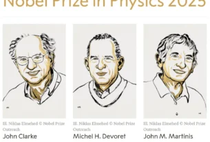 Illustrations of John Clarke, Michel H. Devoret, and John M. Martinis — winners of the 2025 Nobel Prize in Physics for discovering macroscopic quantum tunnelling and energy quantisation in electrical circuits.