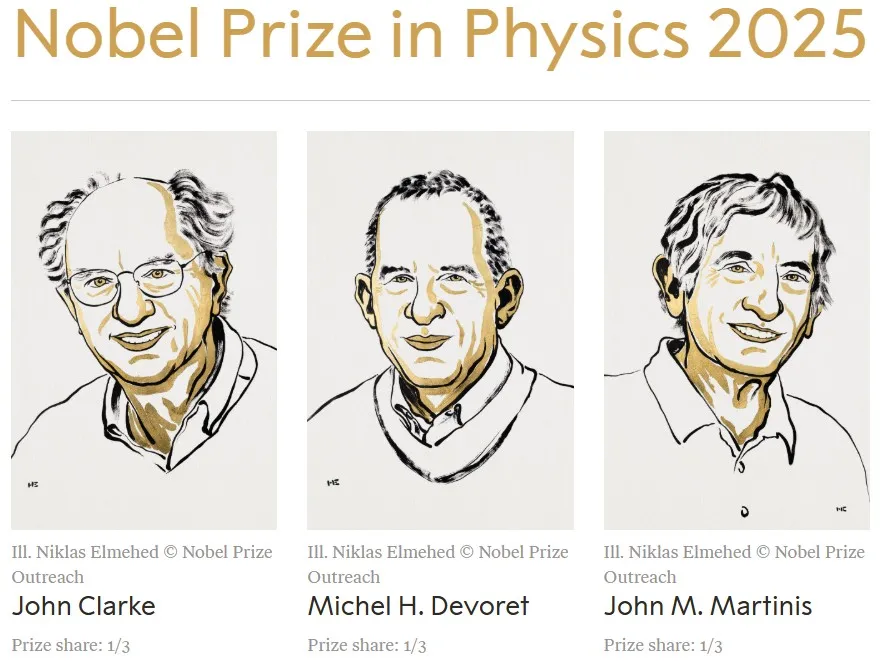 Illustrations of John Clarke, Michel H. Devoret, and John M. Martinis — winners of the 2025 Nobel Prize in Physics for discovering macroscopic quantum tunnelling and energy quantisation in electrical circuits.