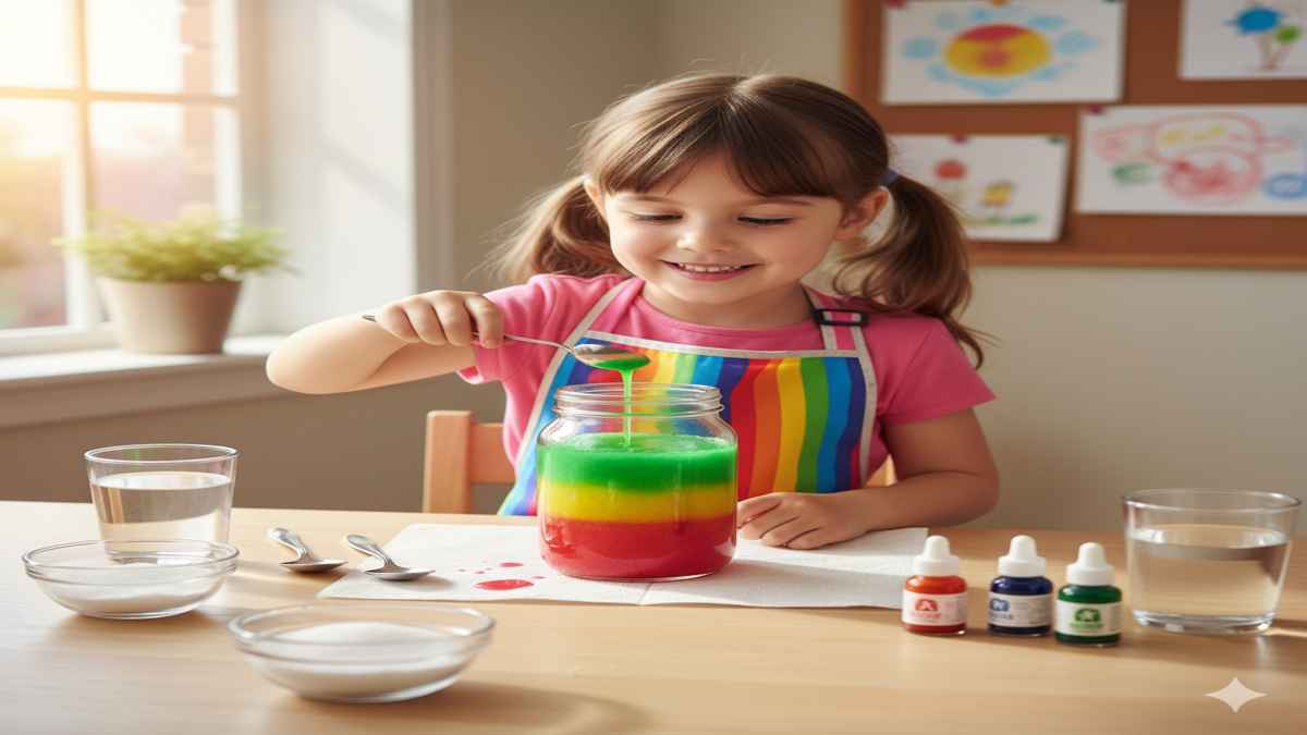 Little girl performing the Rainbow in a Jar science experiment with colorful liquid layers, sugar, and food coloring on a table — fun preschool activity demonstrating liquid density.
