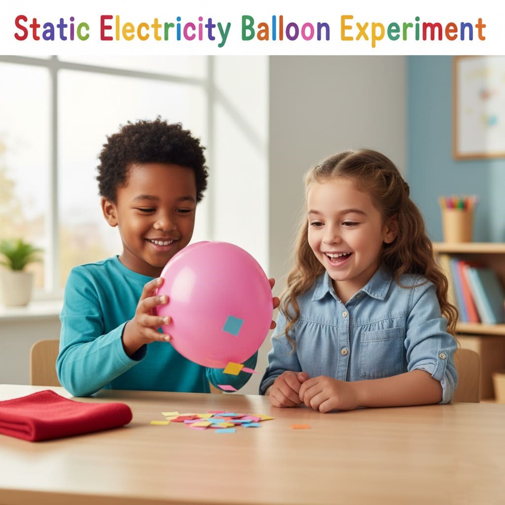 Static Electricity Balloon Experiment with paper pieces sticking to the balloon